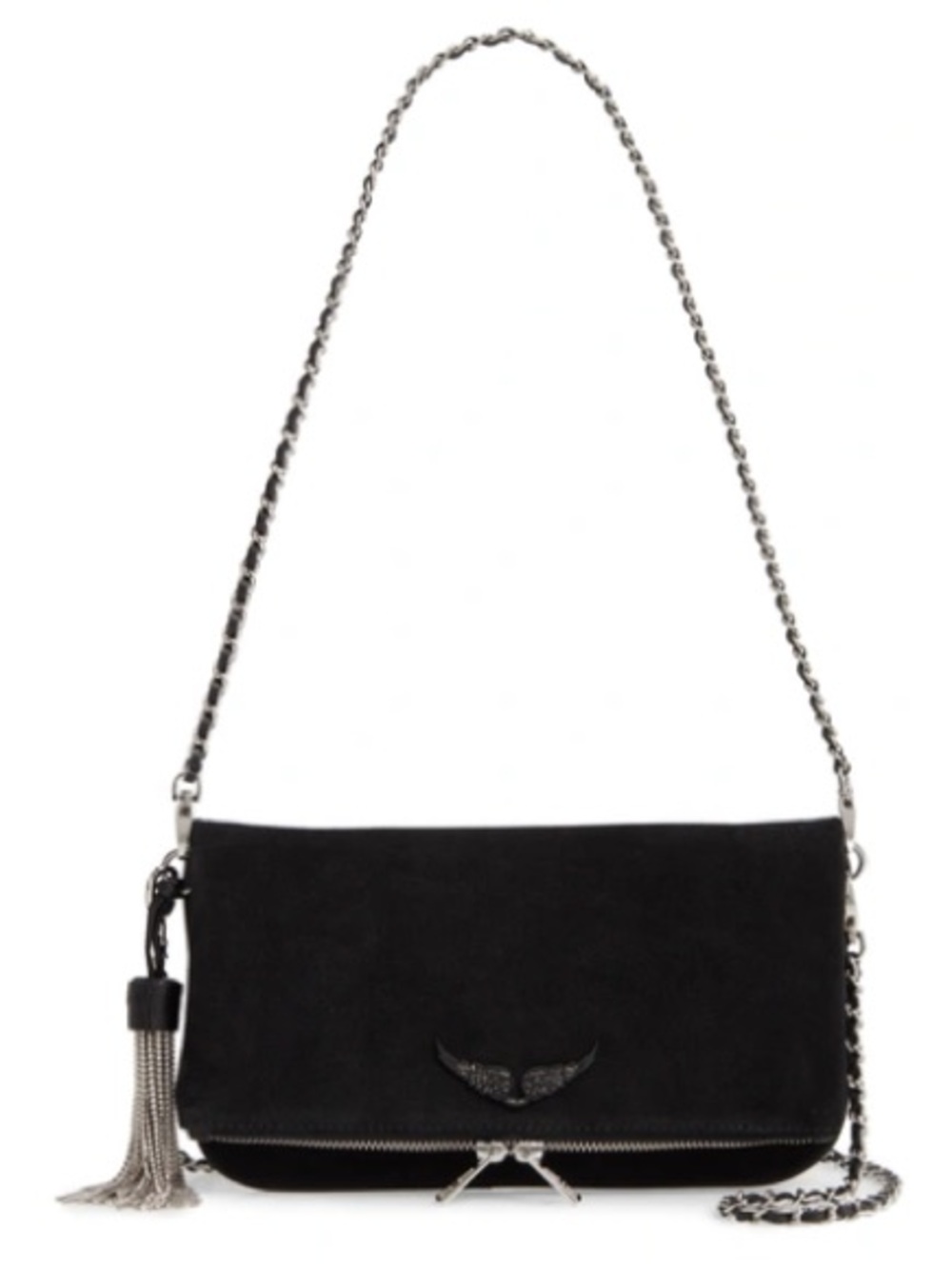 Zadig & Voltaire ROCK SUEDE STRASS TASSEL CROSSBODY BAG IN NOIR